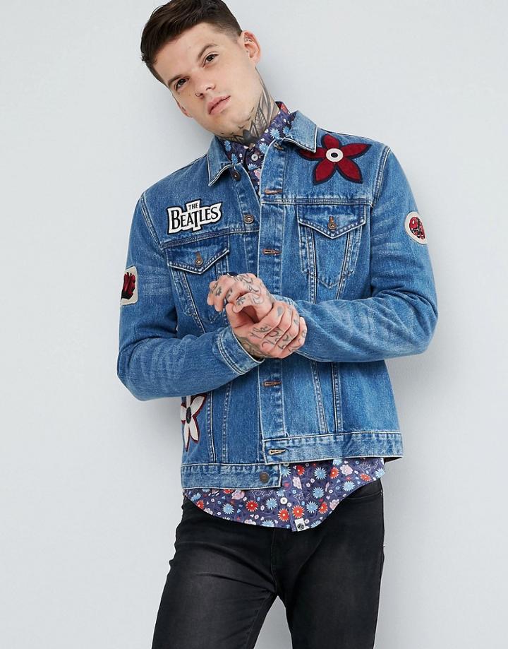 Pretty Green Lonely Hearts Club Denim Jacket In Mid Wash - Blue
