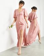 Asos Edition Satin Flutter Sleeve Maxi Dress With Button Front In Dusky Rose-pink
