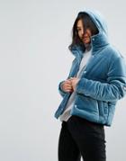 Puffa Oversized Jacket With Hood In Velvet - Blue