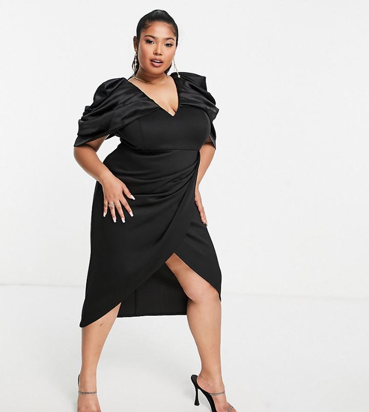 Asos Design Curve Satin Draped Sleeve Wrap Midi Dress In Black