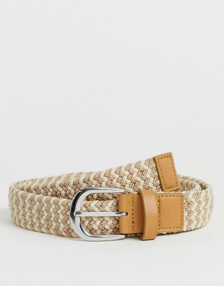 Asos Design Slim Woven Belt In White And Beige - Beige