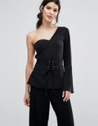 Neon Rose One Shoulder Top With Fluted Sleeve And Corset Detail - Black