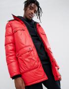 Asos Design Longline Parka Jacket With Faux Fur Trim In Red - Red