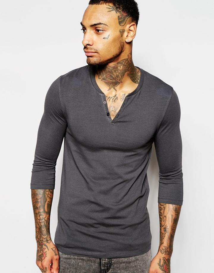 Asos Extreme Muscle 3/4 Sleeve T-shirt With Notch Neck - Washed Black