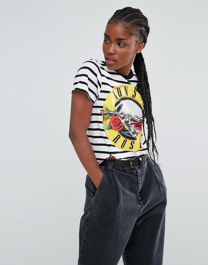 Asos T-shirt In Stripe With Guns N' Roses Print And Sequin Badges - Multi
