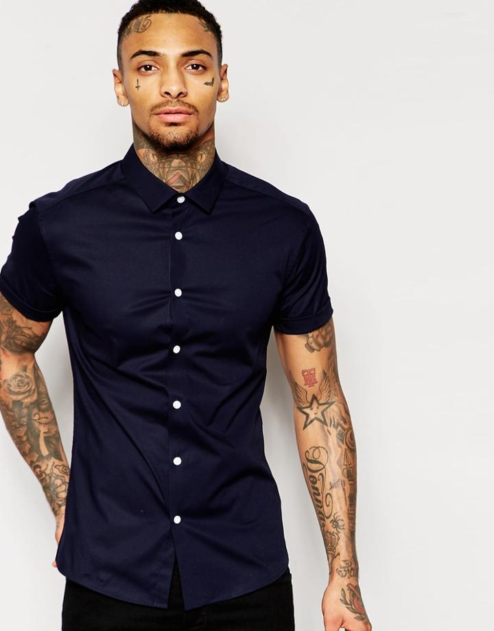 Asos Skinny Shirt In Navy With Short Sleeves - Navy