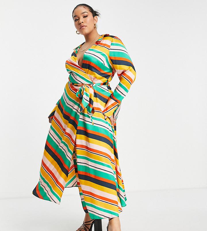 Asos Design Curve Wrap Midi Dress With Collar In Bright Multi Stripe