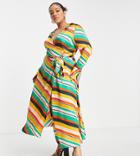 Asos Design Curve Wrap Midi Dress With Collar In Bright Multi Stripe