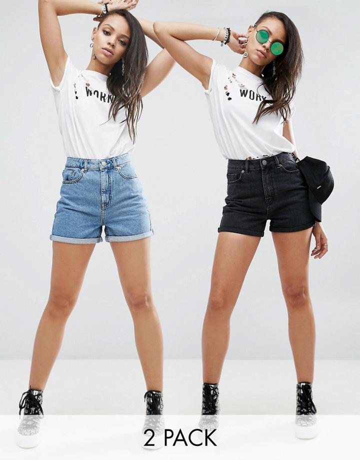 Asos Denim Mom Shorts In Washed Black And Mid Blue 2 Pack - Multi
