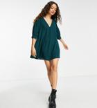 Asos Design Petite V Neck Trapeze Mini Dress With Three Quarter Sleeve In Bottle Green