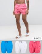Asos Swim Shorts 3 Pack In Pink White And Blue In Short Length Save - Multi