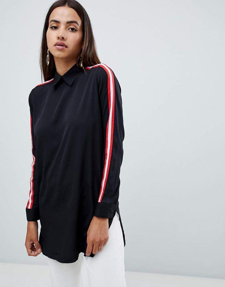 Ax Paris Shirt With Striped Sleeve Detail - Black