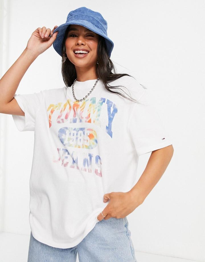 Tommy Jeans Organic Cotton Tye Dye Collegiate Logo Oversized T-shirt In White