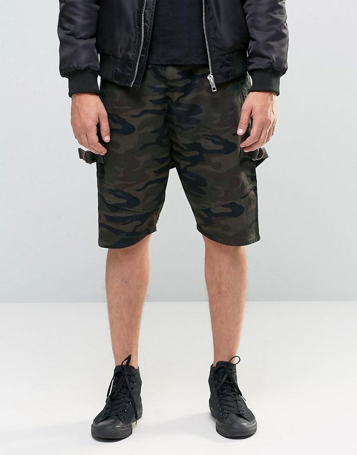 Asos Drop Cotch Shorts With D Rings In Camo - Green