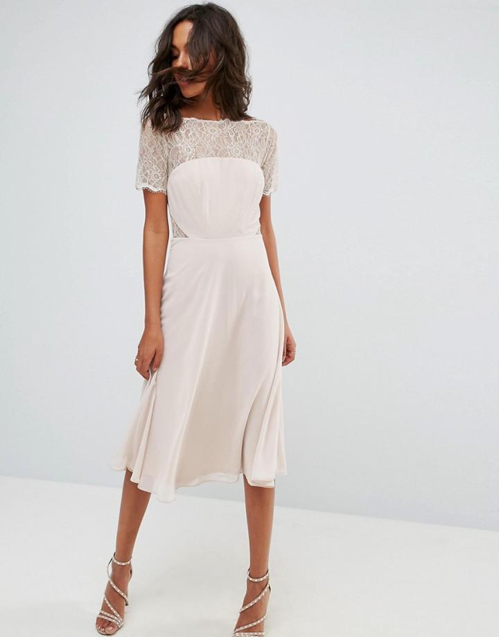 Asos Lace Insert Paneled Midi Dress - Beige