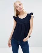 Qed London Corduroy Swing Top With Frill Sleeve - Navy