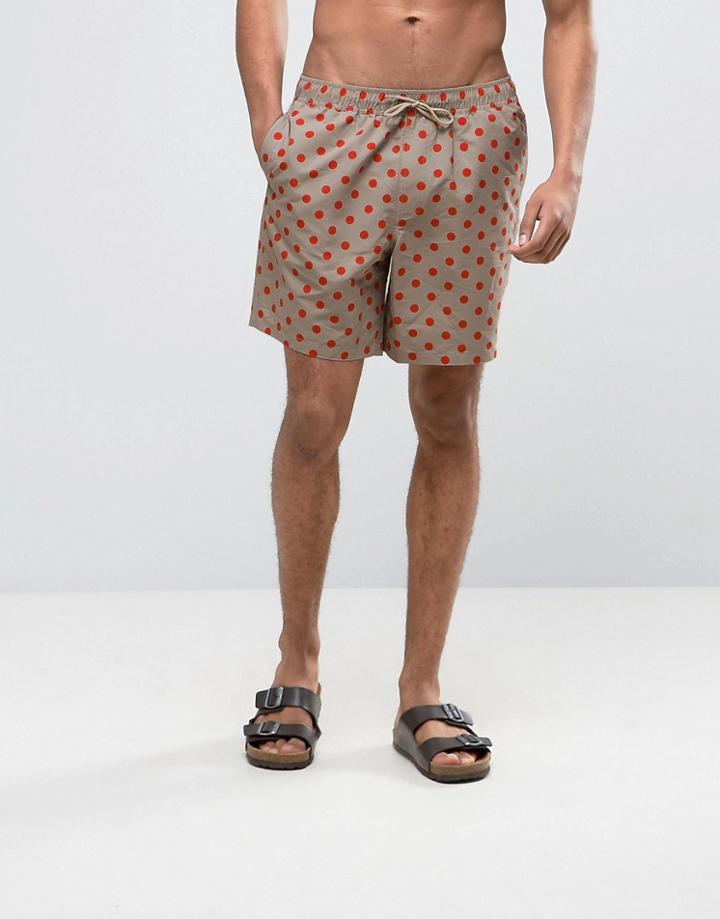 Asos Swim Shorts In Stone With Polka Dot Print In Mid Length - Beige