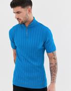 Asos Design Knitted Ribbed Half Zip T-shirt In Neon Blue