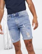 Topman Stretch Skinny Ripped Denim Shorts In Light Wash-neutral