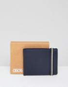 Asos Design Leather Bifold Wallet In Navy With Elastic Detail - Navy