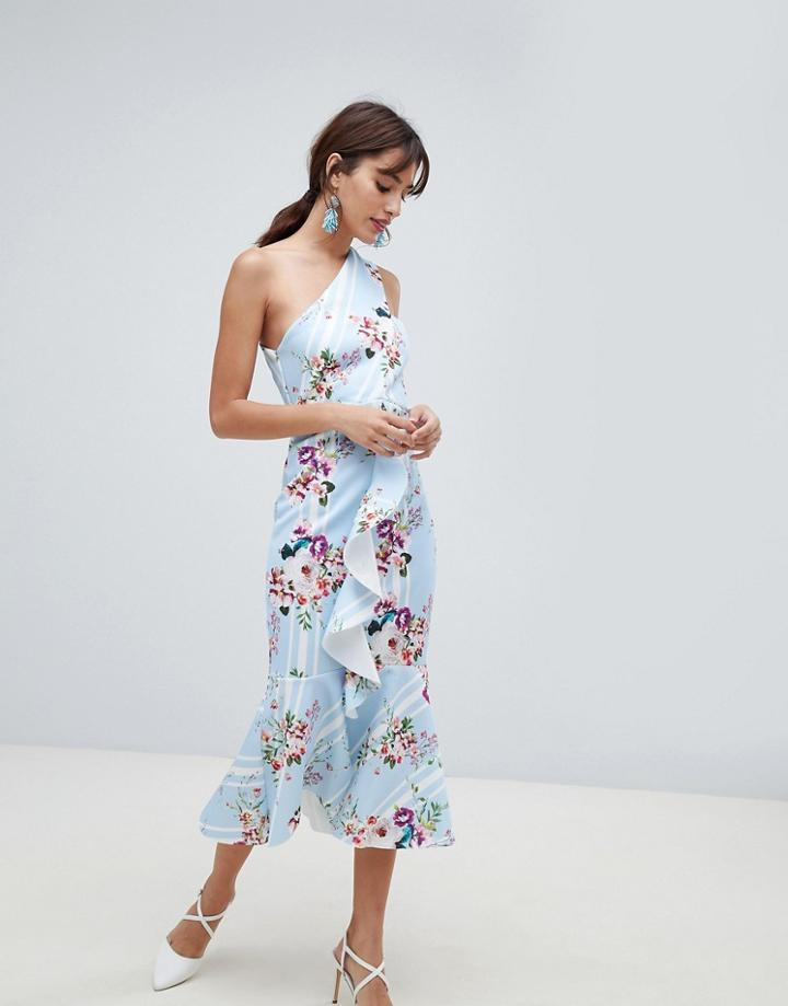 Asos Design One Shoulder Midi Dress In Blue Stripe Floral Print - Multi