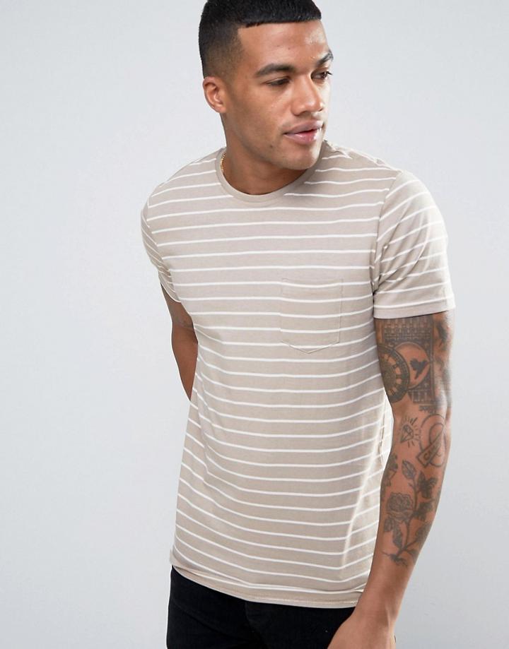 Brave Soul Stripe Pocket T-shirt - Beige