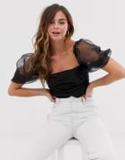 Skylar Rose Shirred Crop Top With Sheer Balloon Sleeves - Black