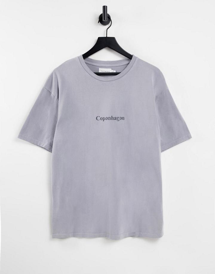 Topman Oversized T-shirt With Copenhagen Chest Print In Gray