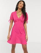 New Look Tie Sleeve Mini Dress In Bright Pink