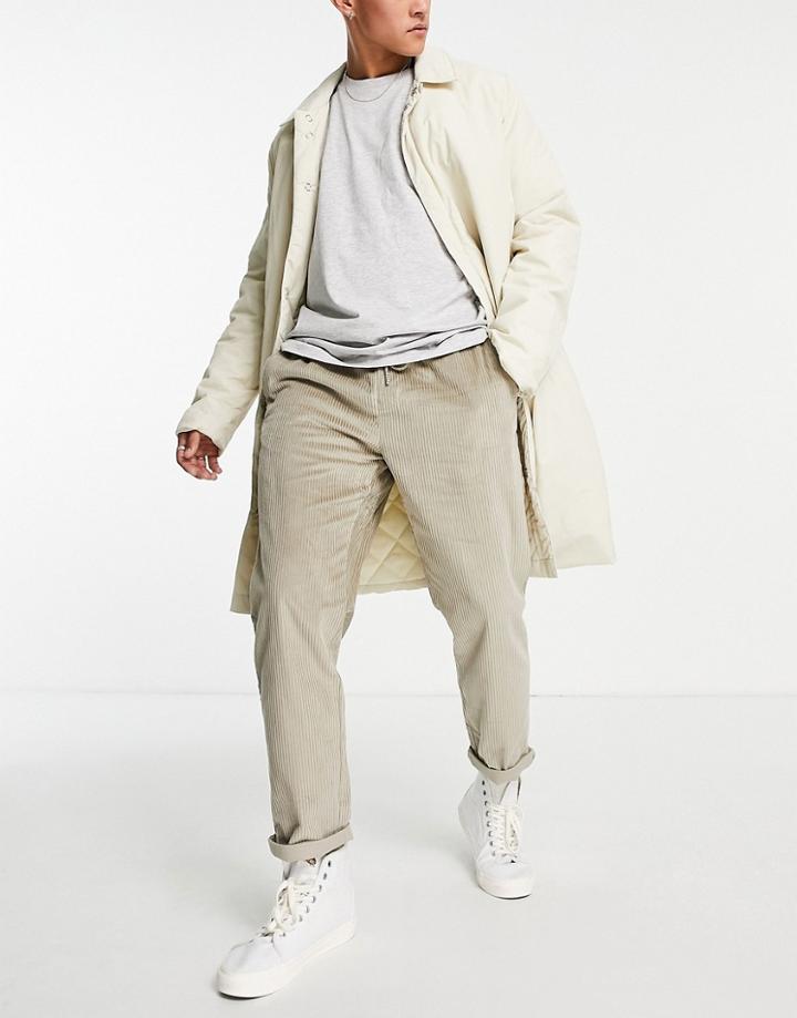 Asos Design Corduroy Slim Pants With Elasticized Waist In Dark Beige-neutral