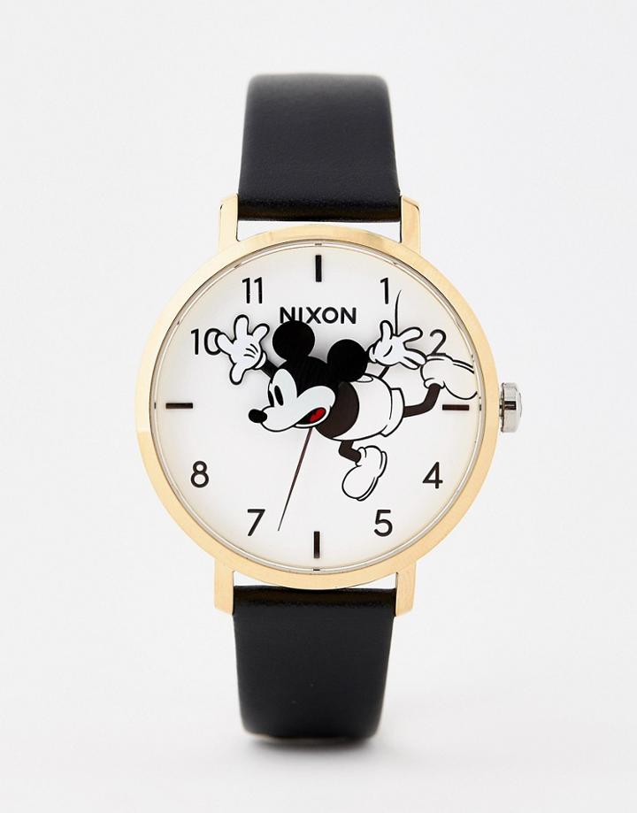 Nixon X Mickey Mouse Arrow Leather Watch In Black - Black