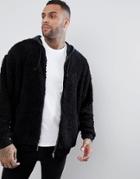 Asos Oversized Zip Up Hoodie In Borg With Contrast Hood-black
