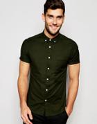 Asos Skinny Oxford Shirt In Khaki With Short Sleeves - Khaki