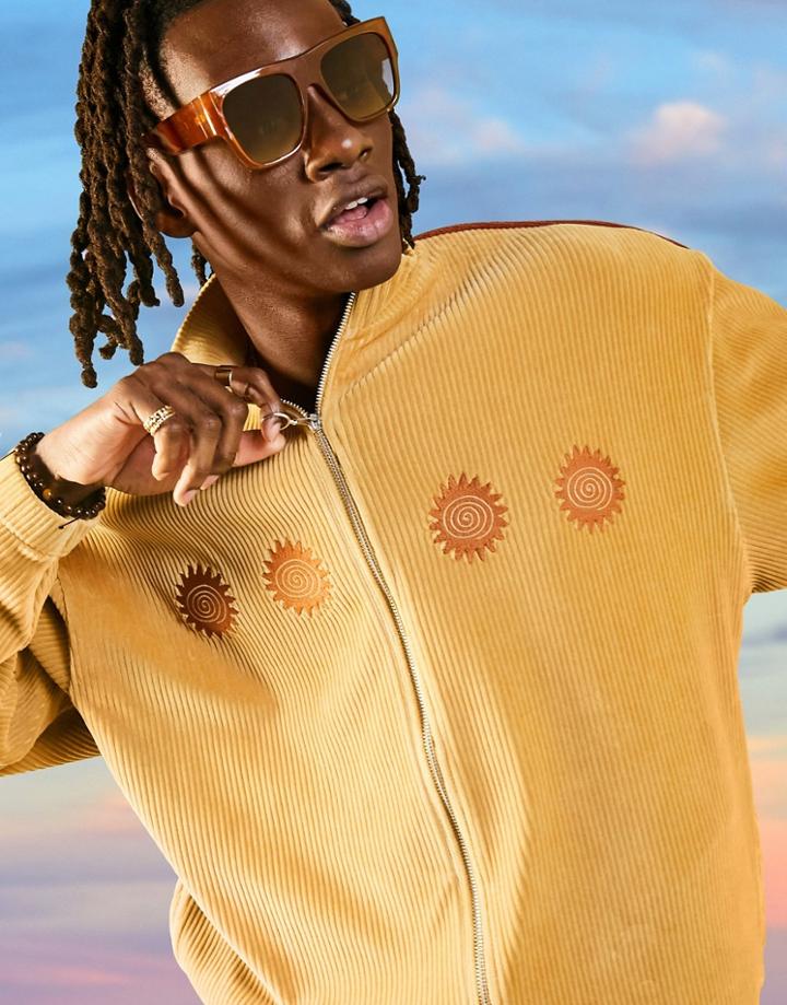 Asos Design Velour Cord Oversized Track Jacket With Chest Embroidery In Beige - Part Of A Set-neutral