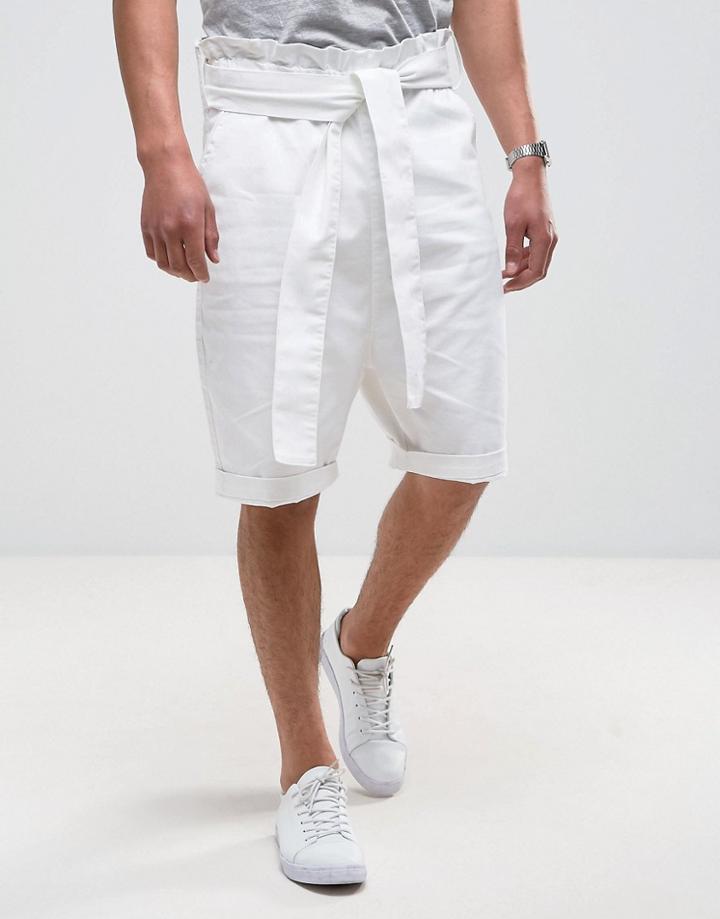 Asos Slim Shorts With Paperbag Waist And Self Fabric Belt In White - White