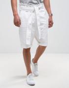 Asos Slim Shorts With Paperbag Waist And Self Fabric Belt In White - White