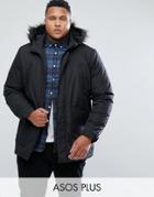 Asos Plus Parka Jacket With Faux Fur Trim In Black - Black