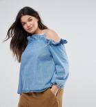 Asos Curve Denim Cold Shoulder Top With Ruffle In Midwash Blue - Blue