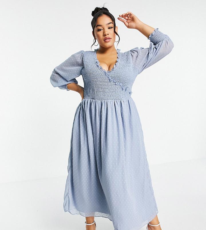 Asos Design Curve Midi Smock Dress With Shirred Cuffs In Texture In Blue-blues