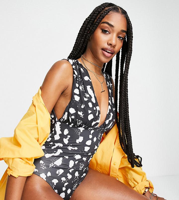 Asos Design Tall Recycled Gathered Plunge Swimsuit In Mono Spot Print-multi
