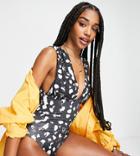 Asos Design Tall Recycled Gathered Plunge Swimsuit In Mono Spot Print-multi