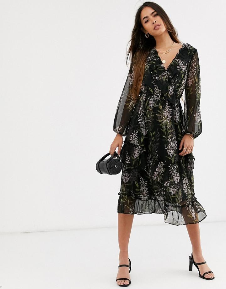 River Island Ruffled Maxi Dress In Dark Floral-black