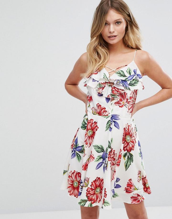 New Look Floral Lattice Front Skater Dress - White