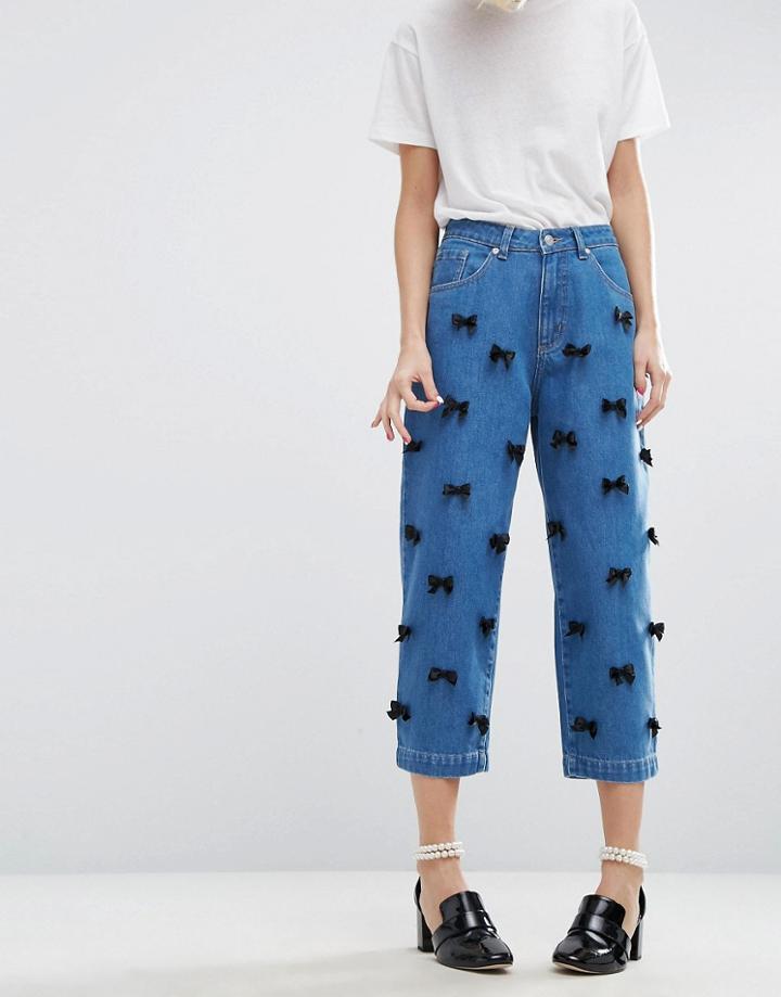 Wah London X Asos Relaxed Fit Jeans With Satin Bows - Blue
