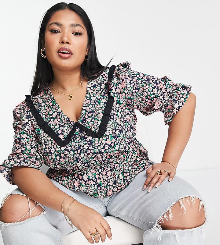 Simply Be Collared Button Through Blouse In Black Ditsy Floral-multi