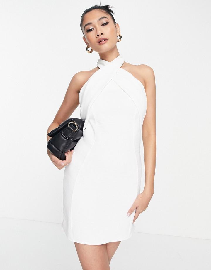 Asos Design Halter Mini Dress In Textured Crepe-white