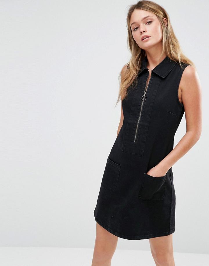 Only Retro Zip Front Denim Dress - Black