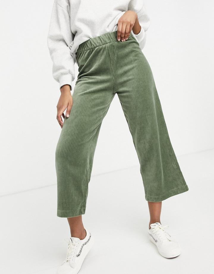 Monki Corrie Wide Leg Pull On Cord Pants In Khaki-green