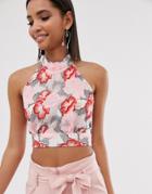 River Island High Neck Blouse With Tie Back Detail In Floral Print-pink