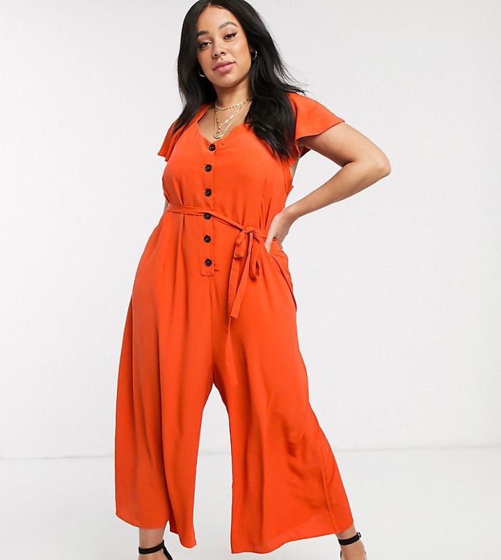 Asos Design Curve Frill Sleeve Jumpsuit With Cut Out Back-red